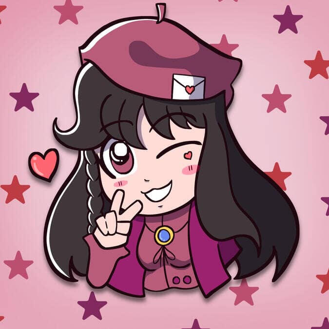 Artwork of Lady Belles-lettres' persona — she is smiling and giving a peace sign. The background is a pink gradient with purple and red stars.